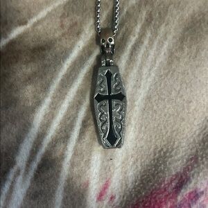 Silver Coffin Pendant Necklace with Black Cross Accent